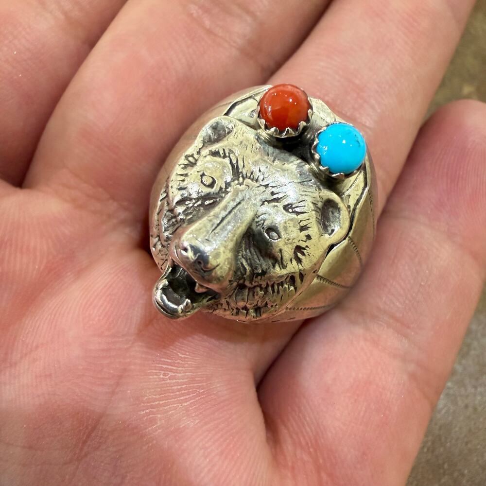Vintage Turquoise & Coral Sterling Silver Wolf Ring Size 12 Grace Smith